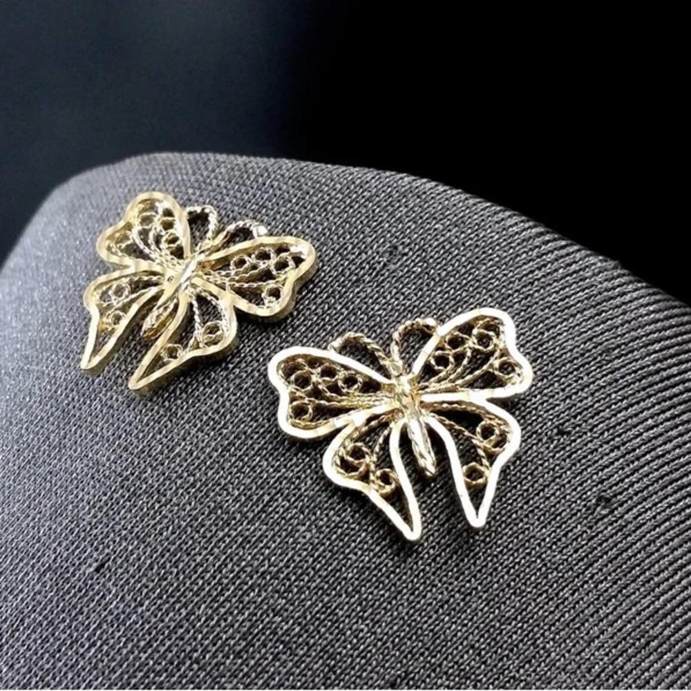 14k solid Gold Filigree Butterfly Earrings, Gold Butterfly Post Earrings